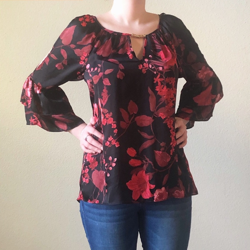 Black floral blouse with bell sleeves,slit sleeves